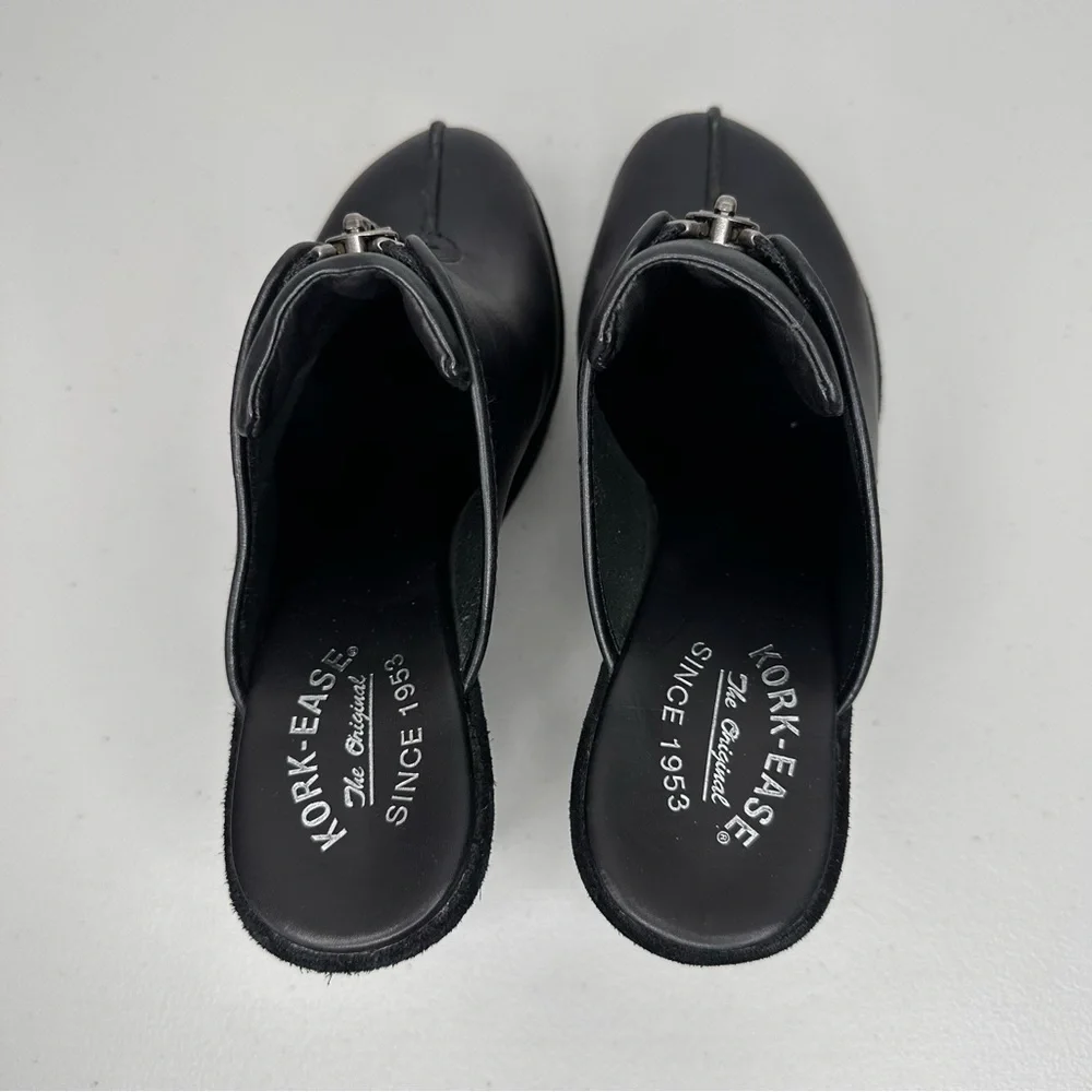 Kork-Ease Leather Heeled Clogs Women’s 10 Black Leather Slip-on Mule Zipper Shoe - Picture 7 of 16